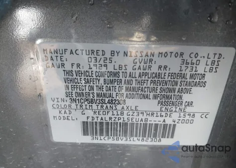 2025 Nissan Kicks Play S из США, поврежденный, VIN 3N1CP5BV3SL482308